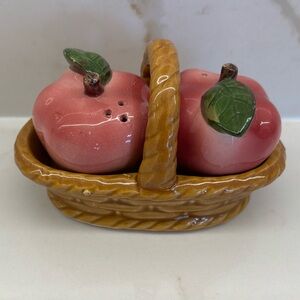 Vintage Ceramic Apple Salt and Pepper Shakers in Basket Fall Harvest